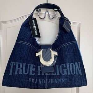 True Religion Indigo Denim Logo Hobo Bag with Silver Hardware